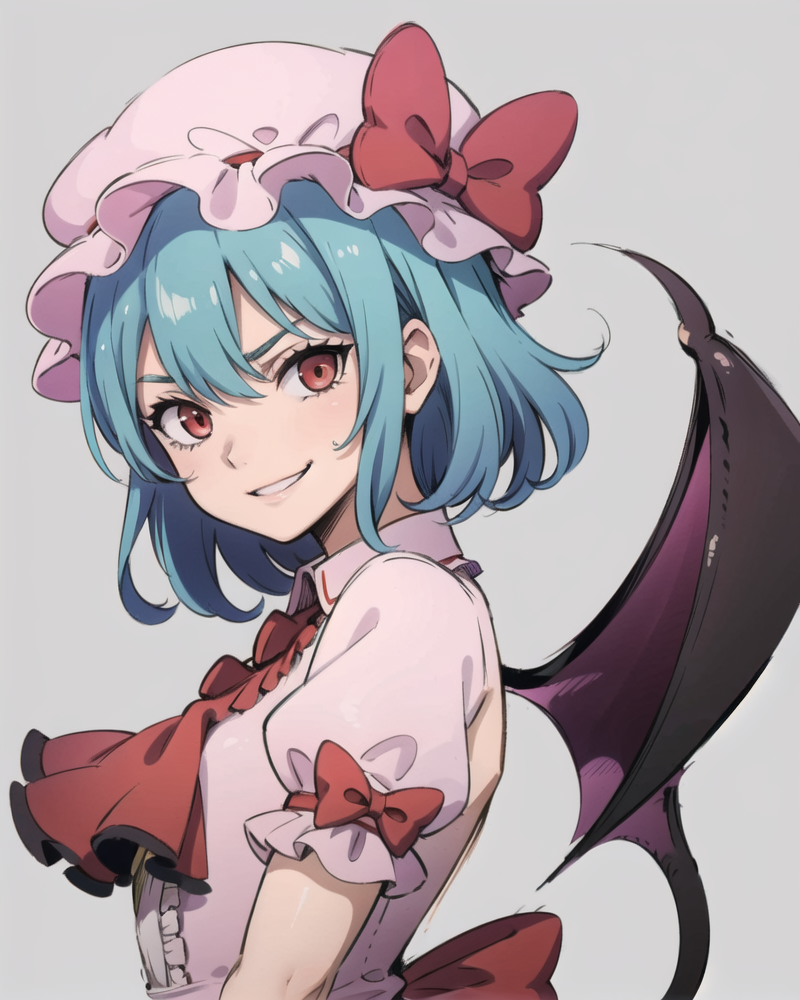 00010-3925655625-_lora_remilia_1_,1girl,pink dress,mob cap,ribbon,blue hair,red eyes,evil smile,bow,ascot, demon wings,grey background, (kbxll_0.png
